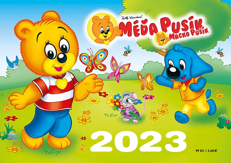 hravý nástěnný kalendář Médi Pusíka 2023 s aršíkem samolepek.